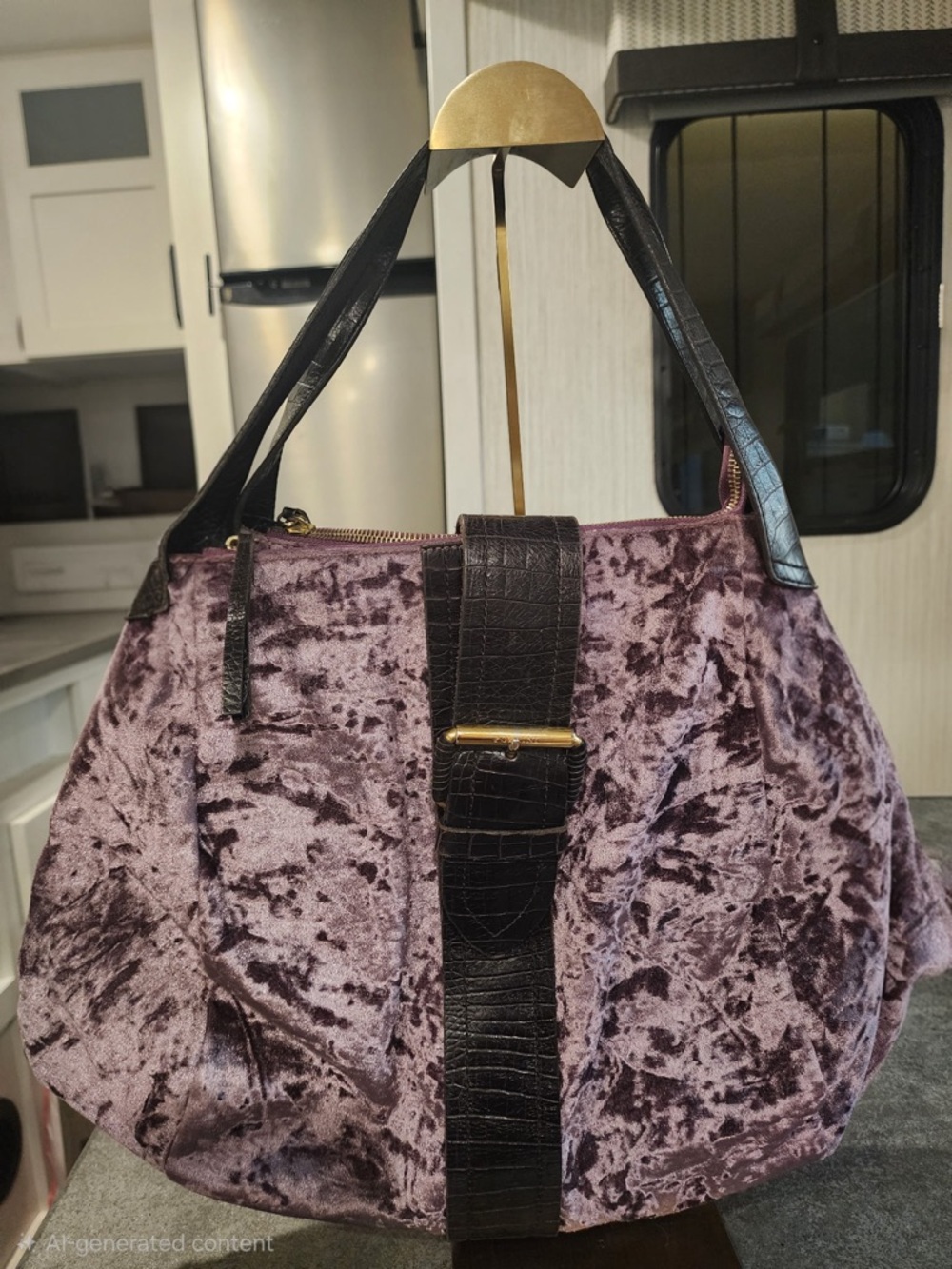 Pollini Purple Crushed Velvet Tote with Black Croc-Texture Trim